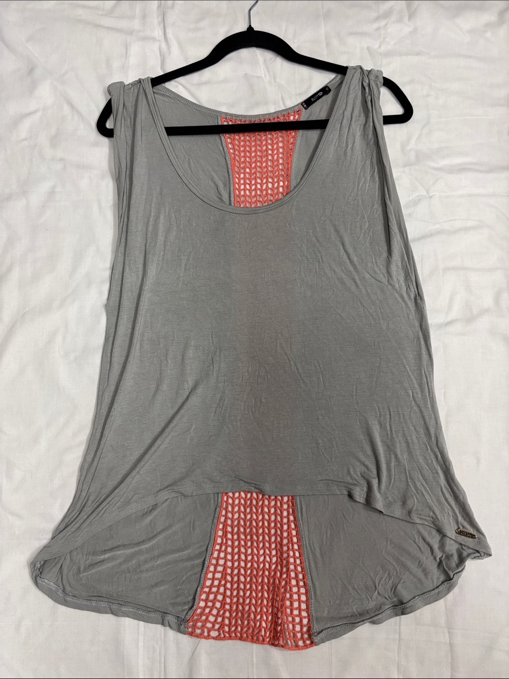 Rusty Gray Tank Top with Coral Crochet Back Panel